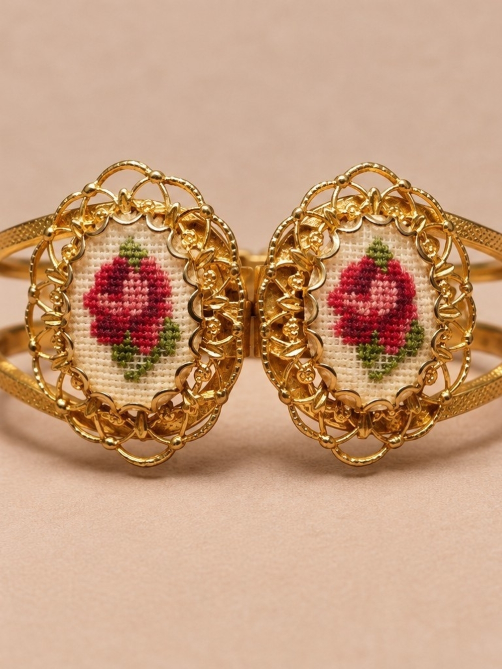 Gold-Tone Floral Cross-Stitch Cuff Bracelet - Pink Rose